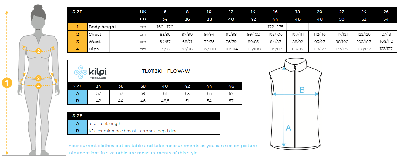 Dames windjack vest Kilpi FLOW-W – Maattabel