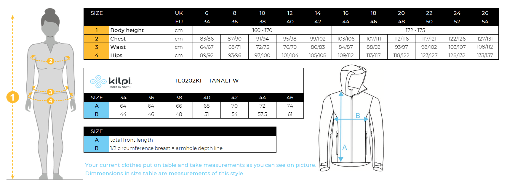 Stretch middenlaag voor dames Kilpi TANALI-W – Maattabel