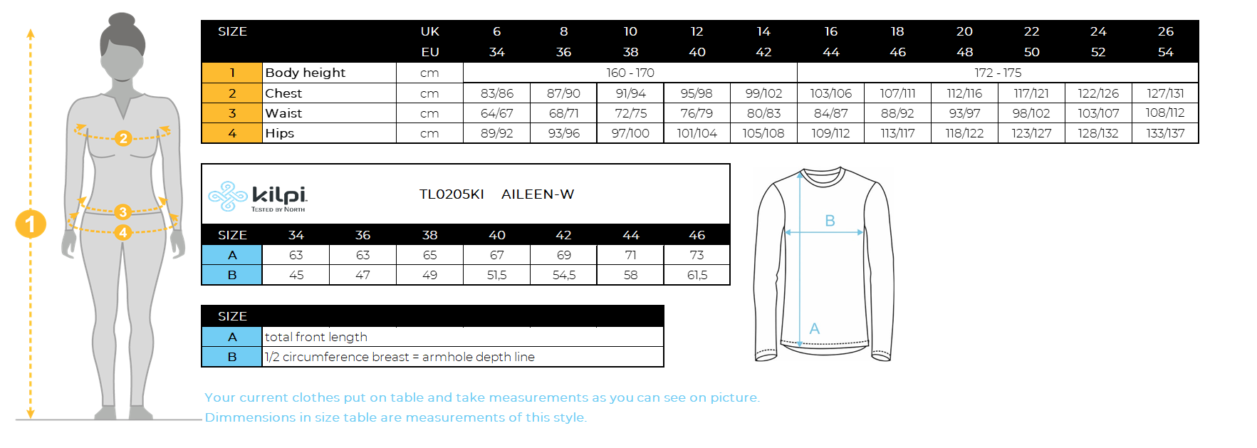 Women´s fitness hoodie Kilpi AILEEN-W – Size chart