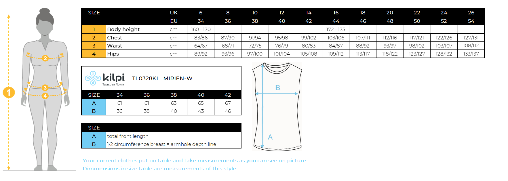 Women´s merino wool functional top Kilpi MIRIEN-W – Size chart
