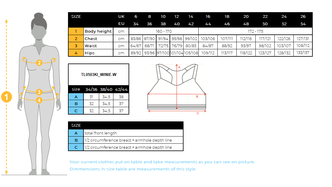 Women´s seamless sport bra Kilpi WINIE-W – Size chart