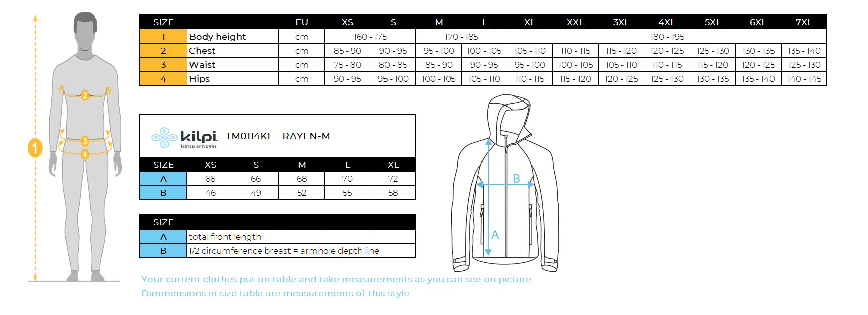 Men´s windblock jacket Kilpi RAYEN-M – Size chart