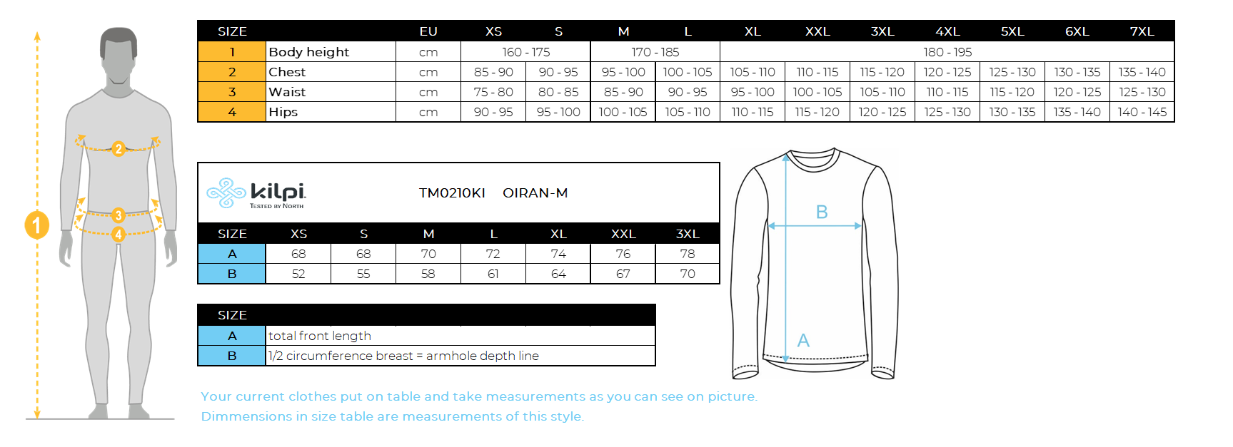 Men´s cotton crew-neck Kilpi OIRAN-M – Size chart