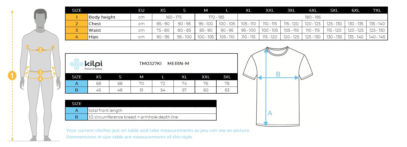 Men´s merino t-shirt Kilpi MERIN-M – Size chart