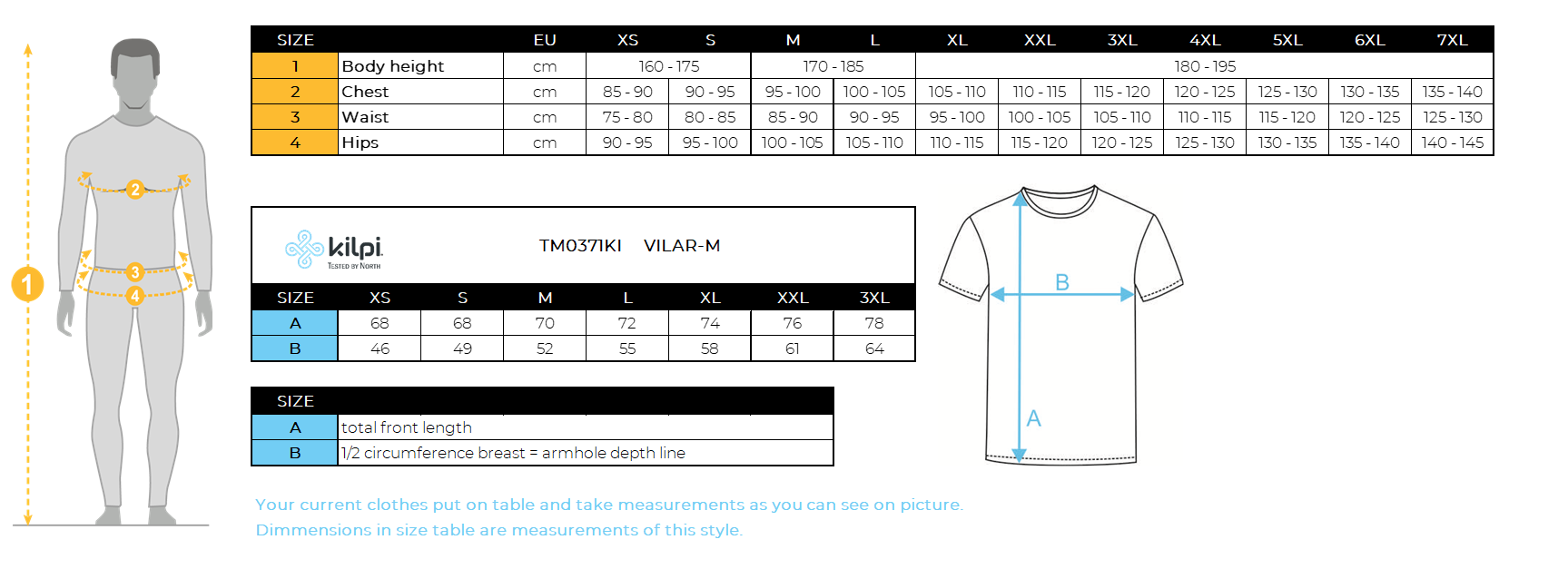 Men´s cotton polo T-shirt Kilpi VILAR-M – Size chart