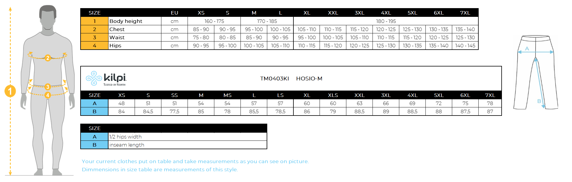 Men´s outdoor pants Kilpi HOSIO-M – Size chart