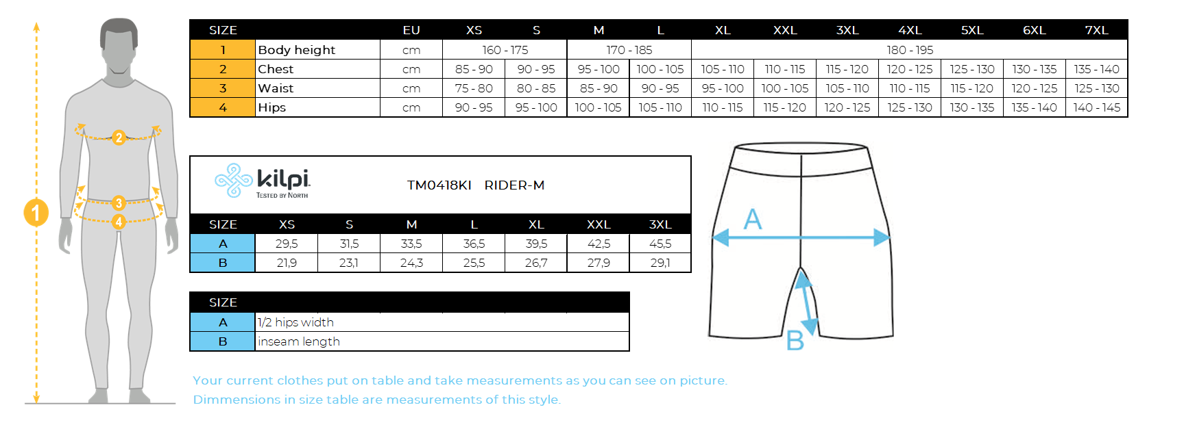 Men´s cycling shorts Kilpi RIDER-M – Size chart