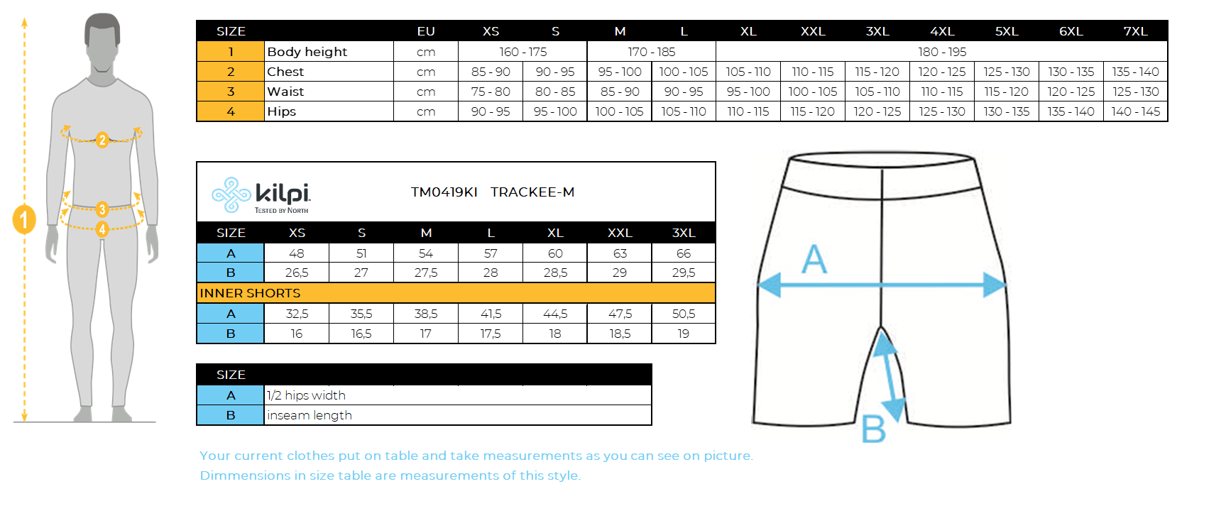 Heren fietsbroek Kilpi TRACKEE-M – Maattabel