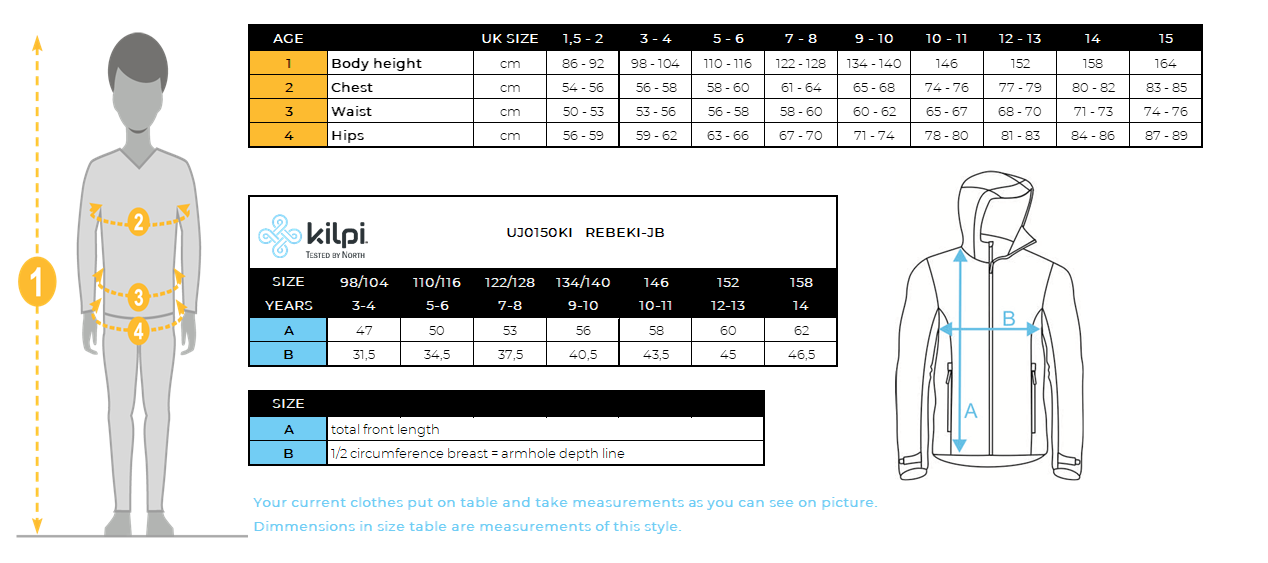 Kid´s insulated jacket Kilpi REBEKI-JB – Size chart
