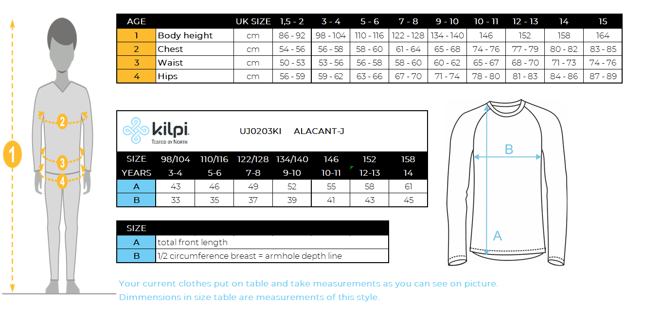 Kid´s fleece middle layer Kilpi ALACANT-J – Size chart