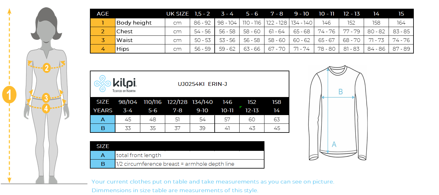 Harige fleece middenlaag voor kinderen Kilpi ERIN-J – Maattabel