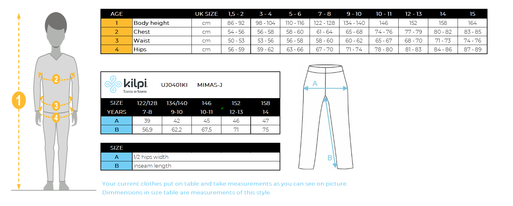 Kid´s ski pants Kilpi MIMAS-J – Size chart