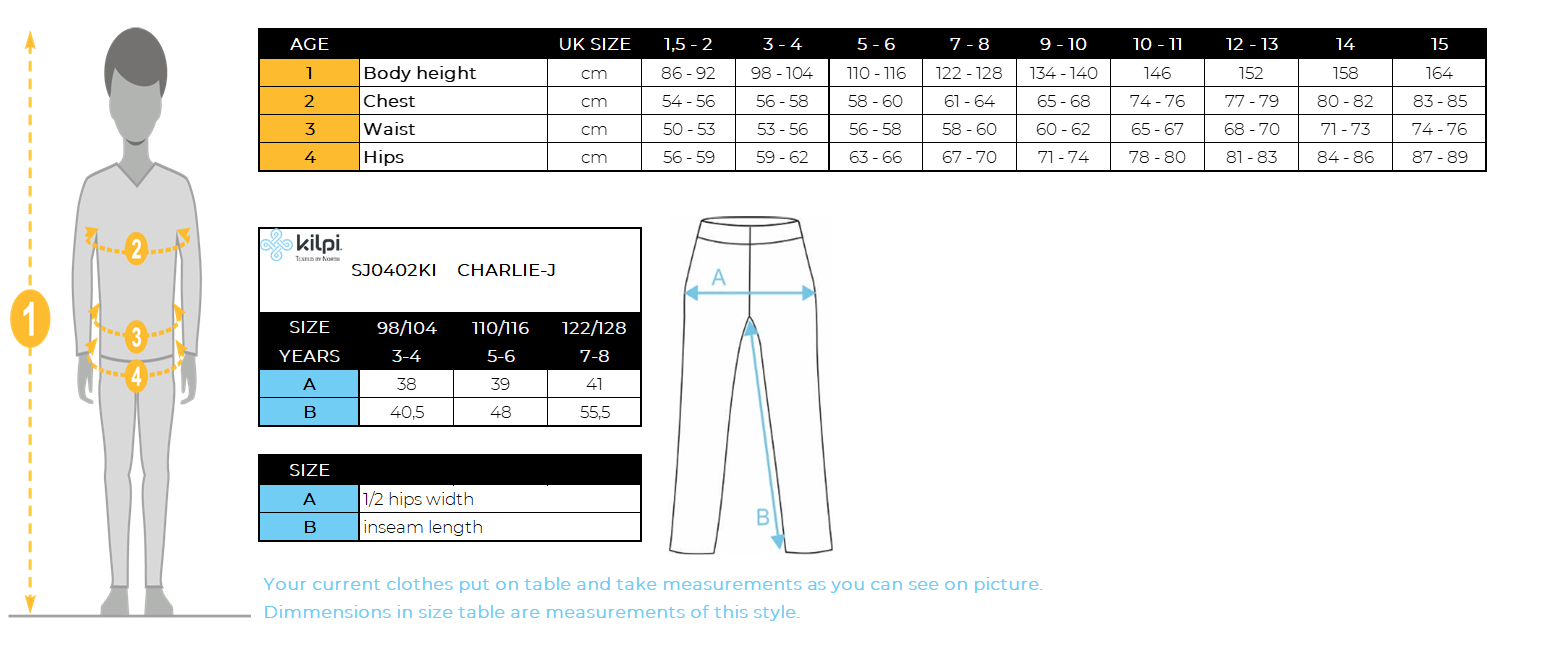 Kid´s ski pants Kilpi CHARLIE-J – Size chart