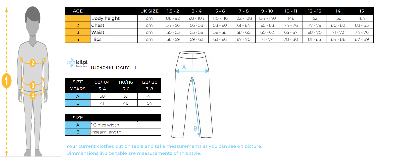 Kid´s ski pants Kilpi DARYL-J – Size chart