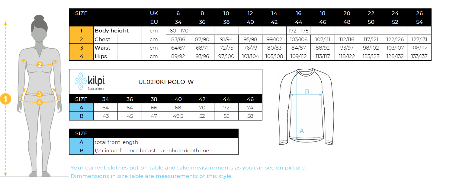 Women´s stretch middle layer Kilpi ROLO-W – Size chart