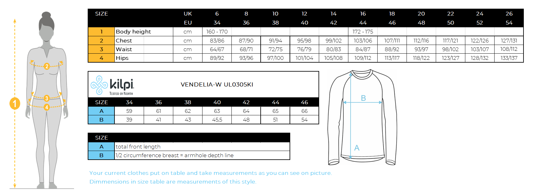 Women´s long sleeve t-shirt Kilpi VENDELIA-W – Size chart