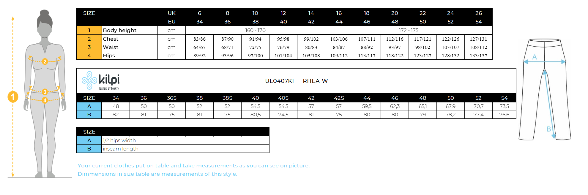 Women´s softshell ski pants Kilpi RHEA-W – Size chart