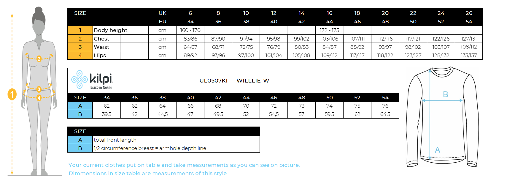 Women´s base layer Kilpi WILLIE-W – Size chart