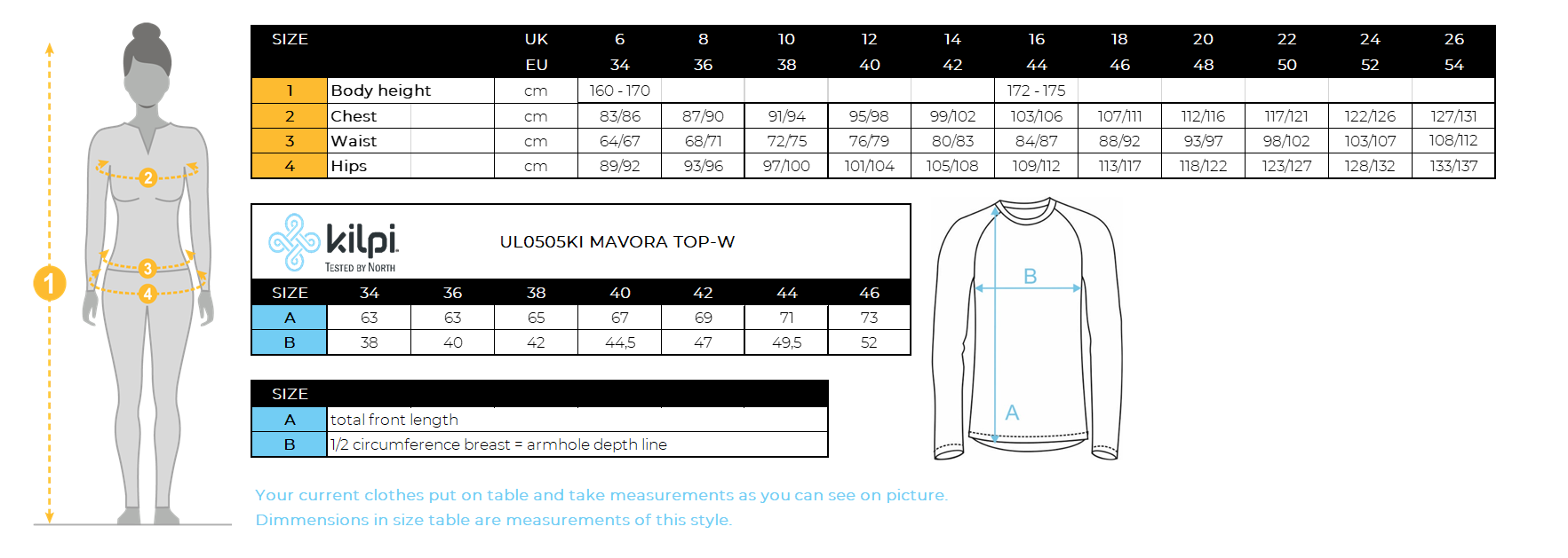 Women's base layer Kilpi MAVORA TOP-W – Size chart
