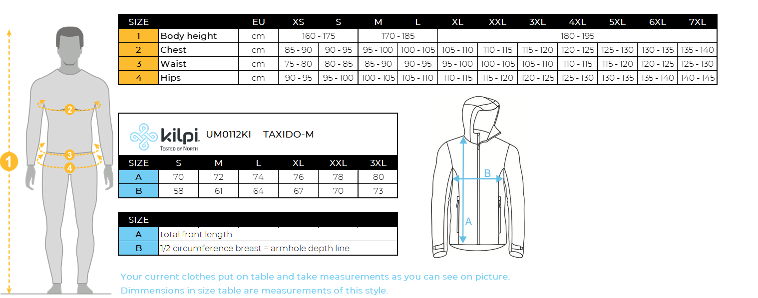 Men´s ski jacket Kilpi TAXIDO-M – Size chart