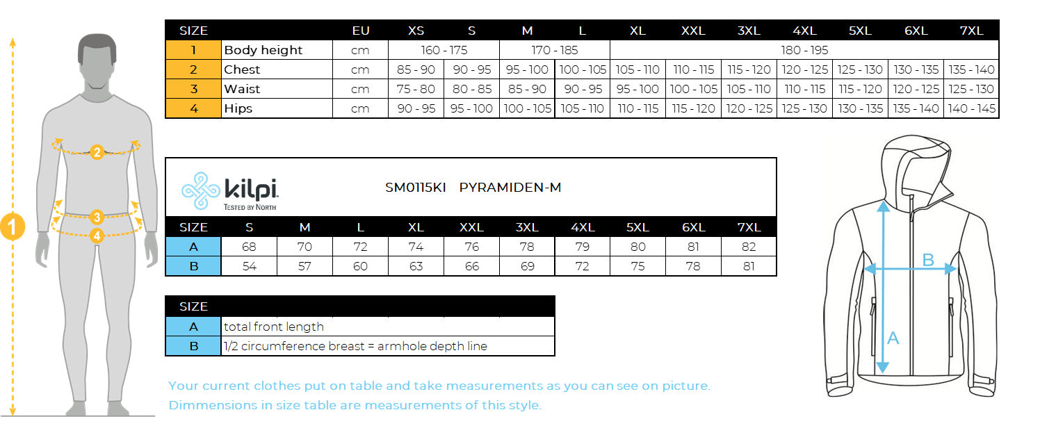 Men´s down jacket Kilpi PYRAMIDEN-M – Size chart