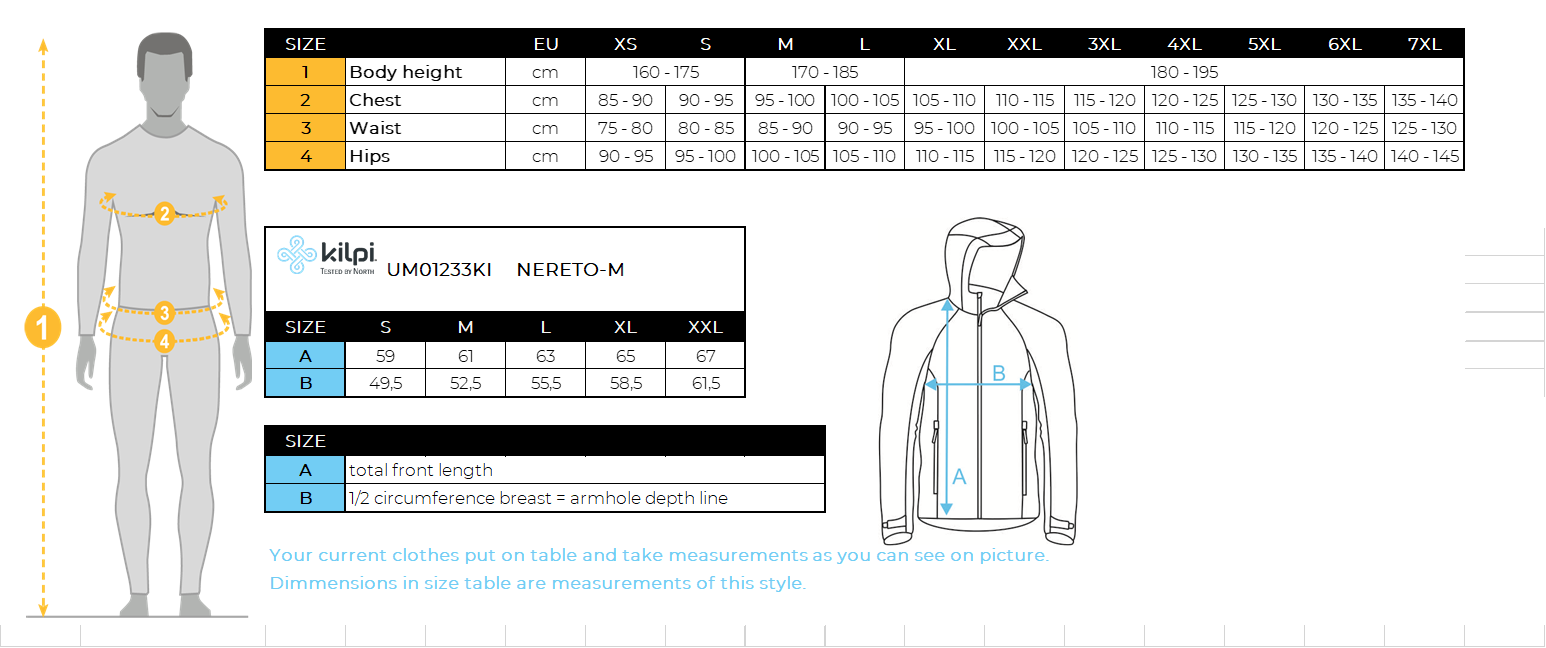 Men´s softshell cycling jacket Kilpi NERETO-M – Size chart