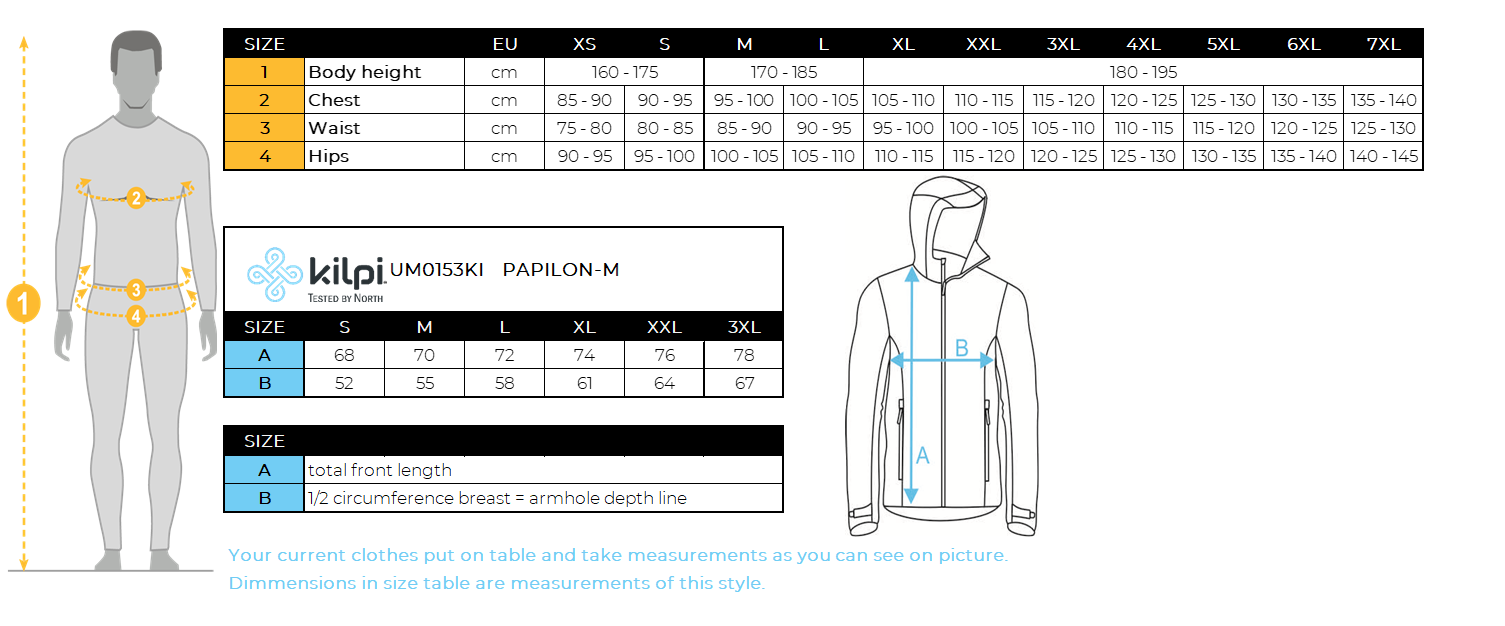Men´s down jacket Kilpi PAPILON-M – Size chart