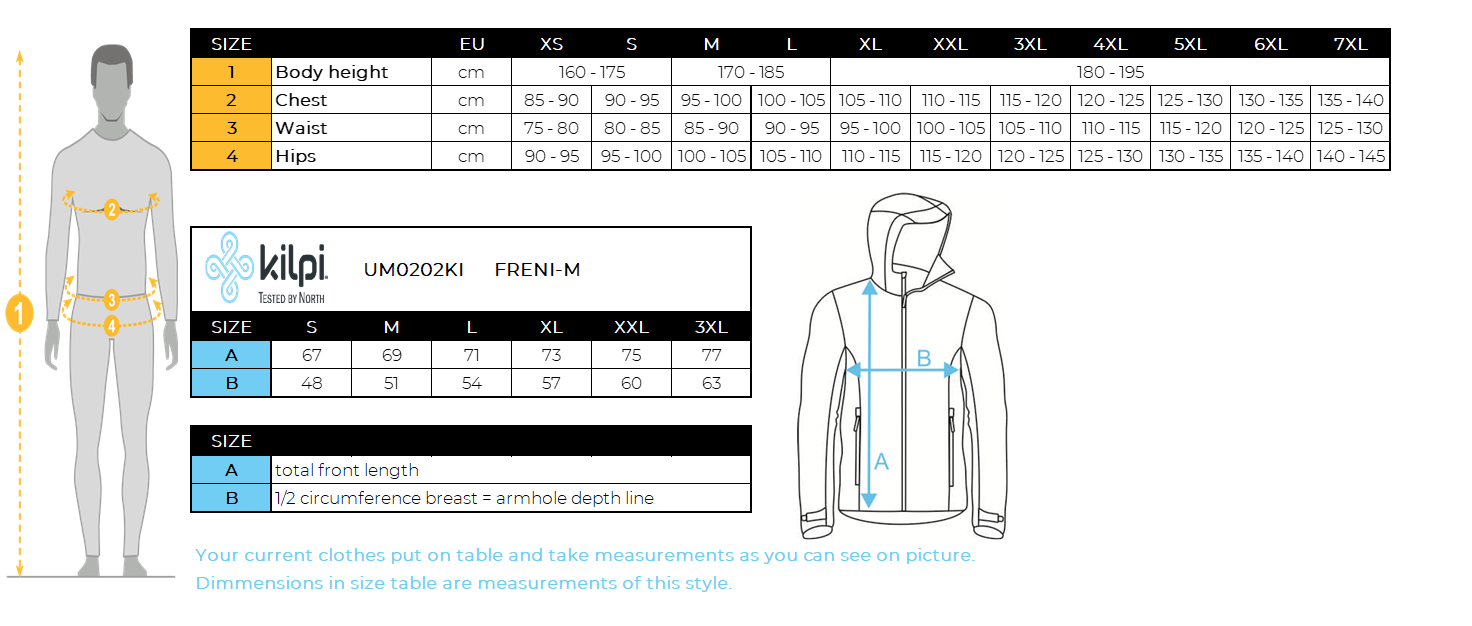 Men´s stretch middle layer Kilpi FRENI-M – Size chart