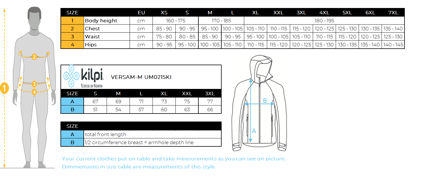 Men´s fleece middle layer Kilpi VERSAM-M – Size chart