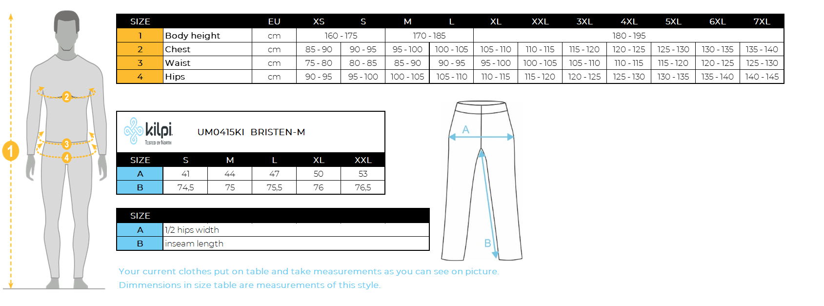 Heren skitourlegging Kilpi BRISTEN-M – Maattabel