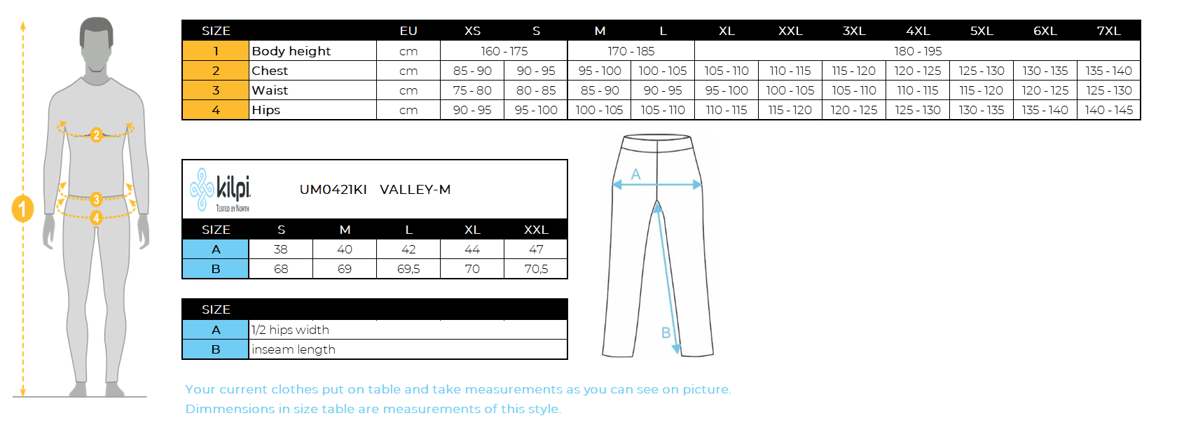 Men´s cycling pants Kilpi VALLEY-M – Size chart