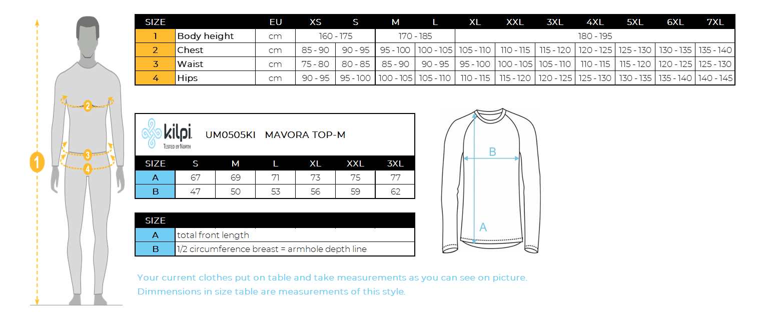 Men's base layer Kilpi MAVORA TOP-M – Size chart