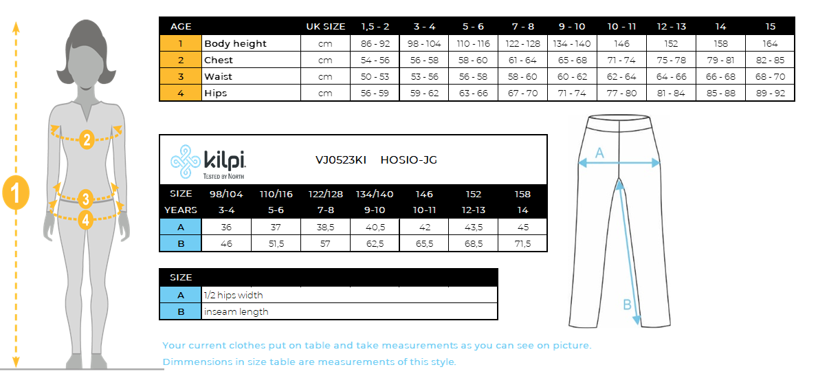 Girl´s outdoor pants Kilpi HOSIO-JG – Size chart