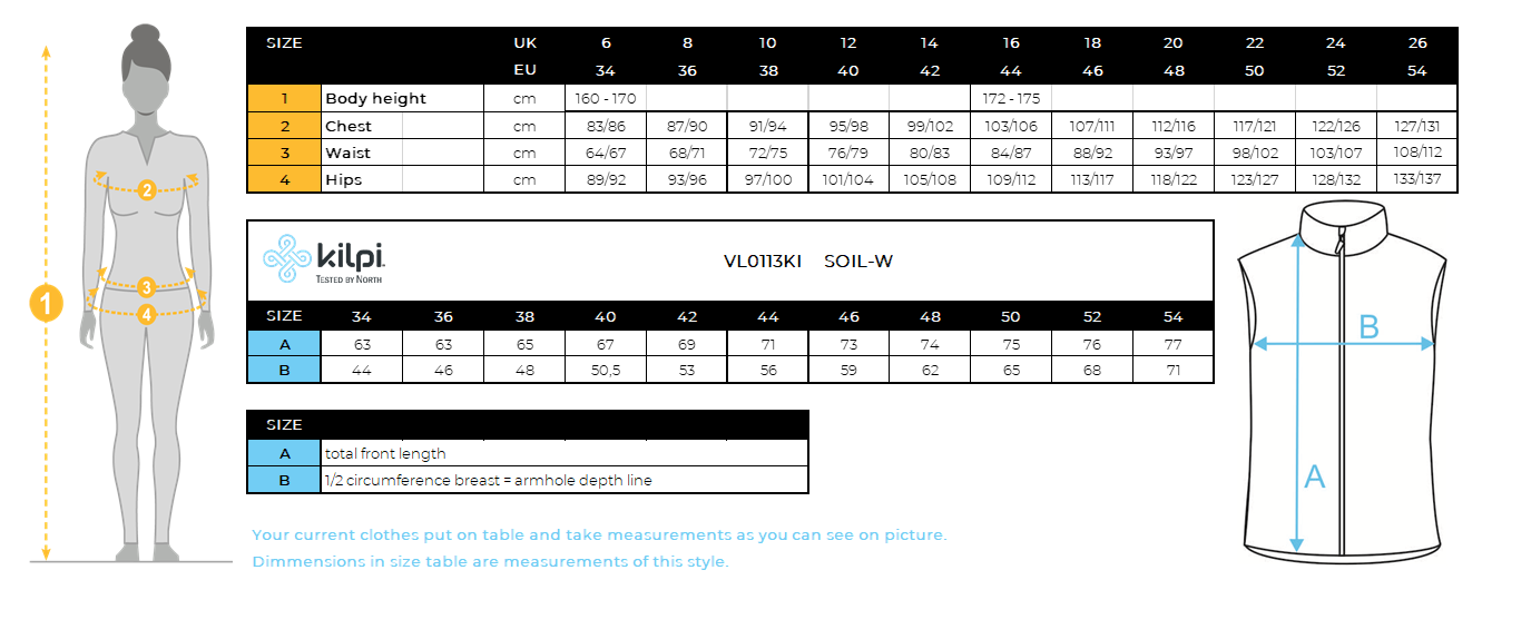 Women´s softshell vest Kilpi SOIL-W – Size chart