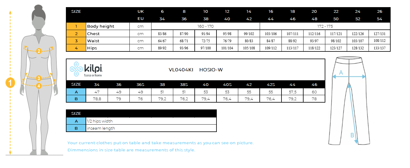 Women´s outdoor pants 2 in 1 Kilpi HOSIO-W – Size chart