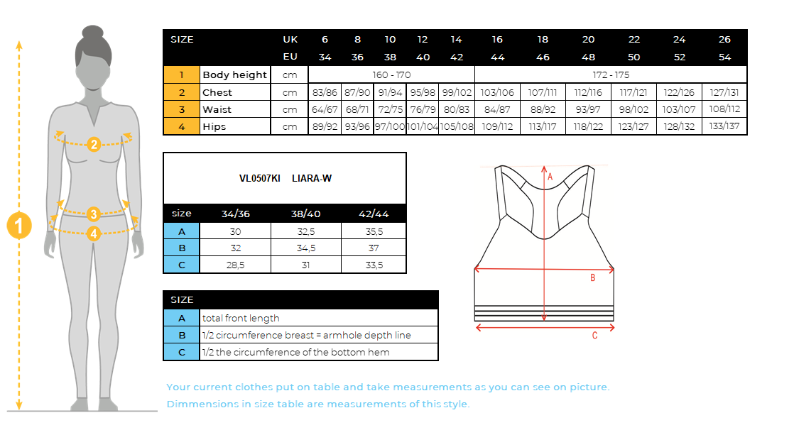 Naadloze crop top voor dames Kilpi LIARA-W – Maattabel