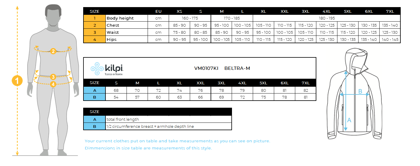 Men´s softshell jacket Kilpi BELTRA-M – Size chart