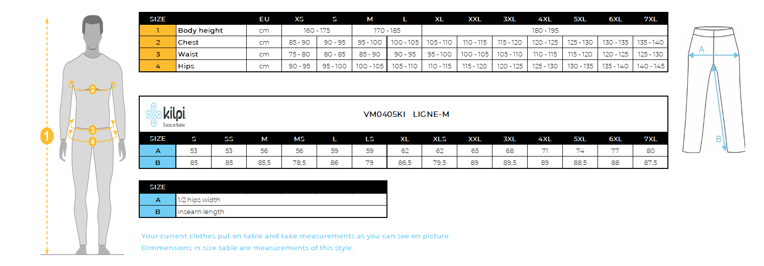 Men´s outdoor pants Kilpi LIGNE-M – Size chart