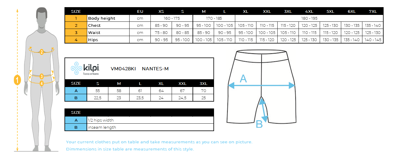 Fitnessshort voor heren Kilpi NANTES-M – Maattabel