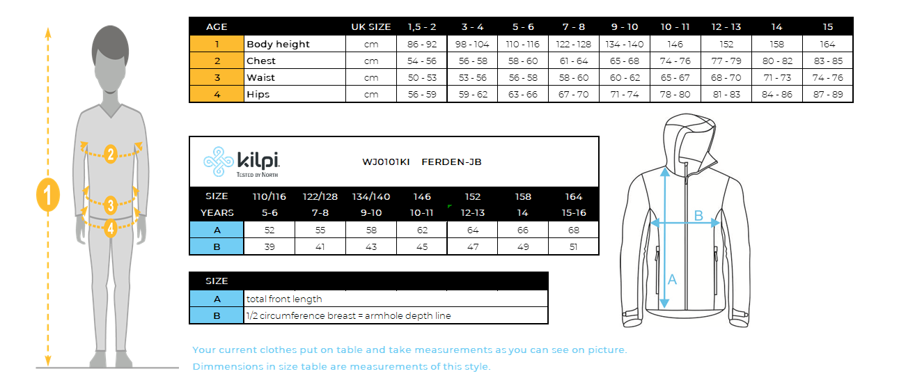 Boy´s ski jacket Kilpi FERDEN-JB – Size chart
