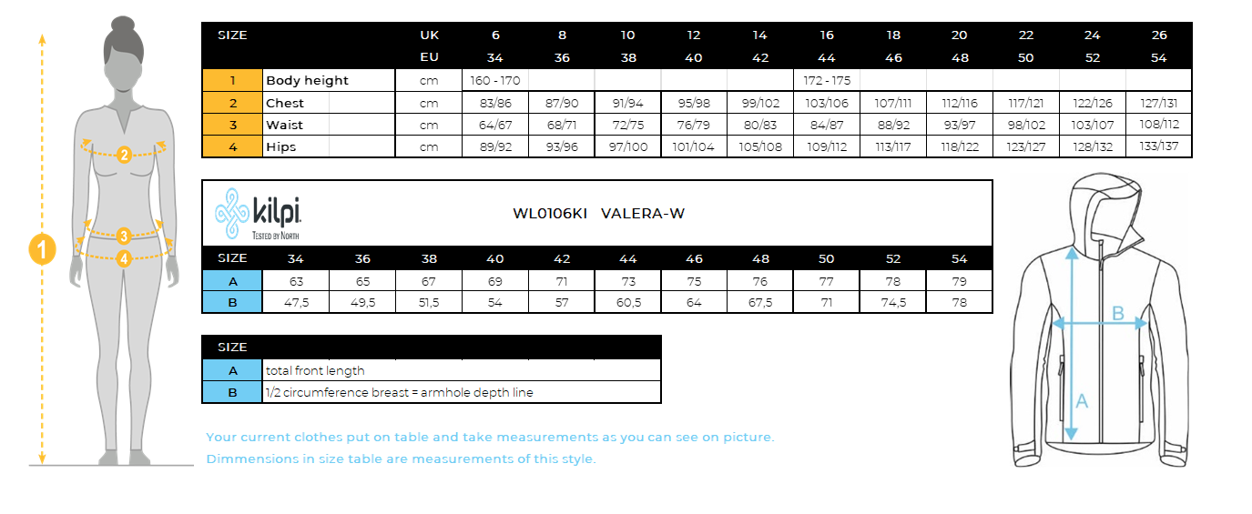 Women´s ski jacket Kilpi VALERA-W – Size chart