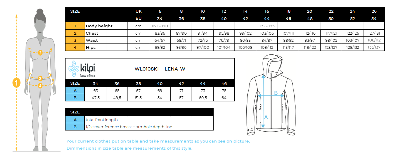 Women´s ski jacket Kilpi LENA-W – Size chart