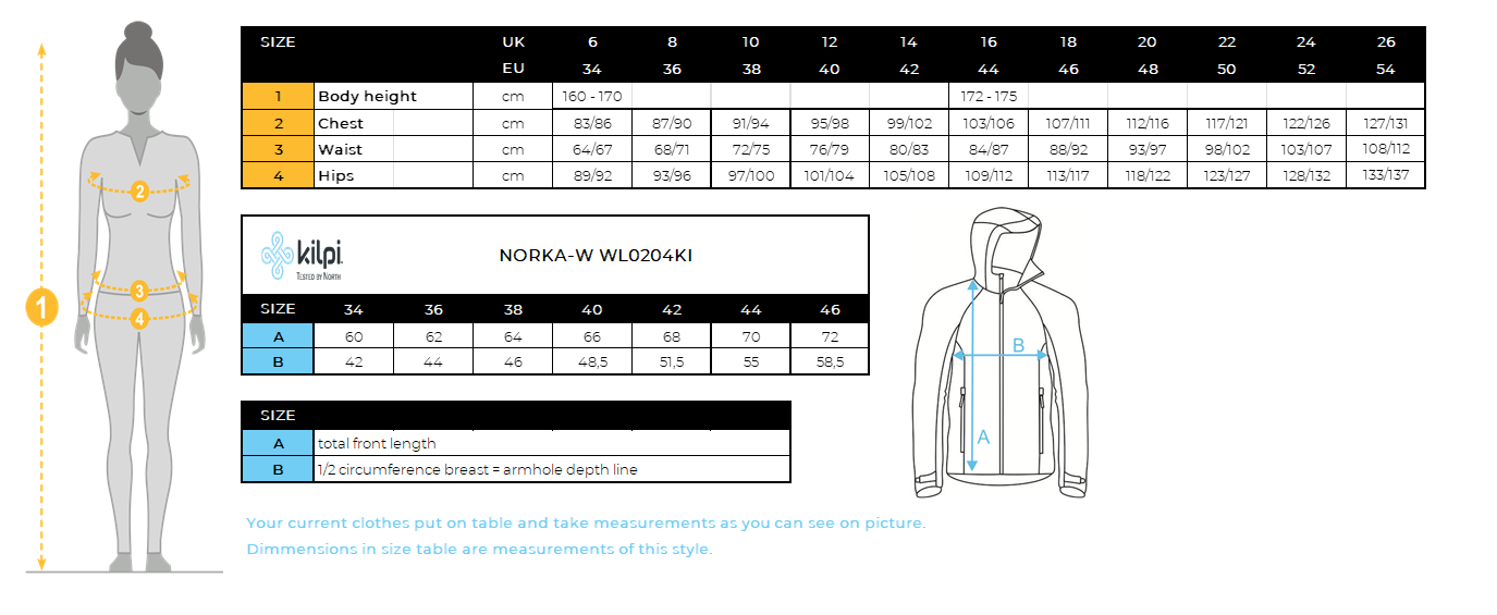 Women´s cotton hoodie Kilpi NORKA-W – Size chart