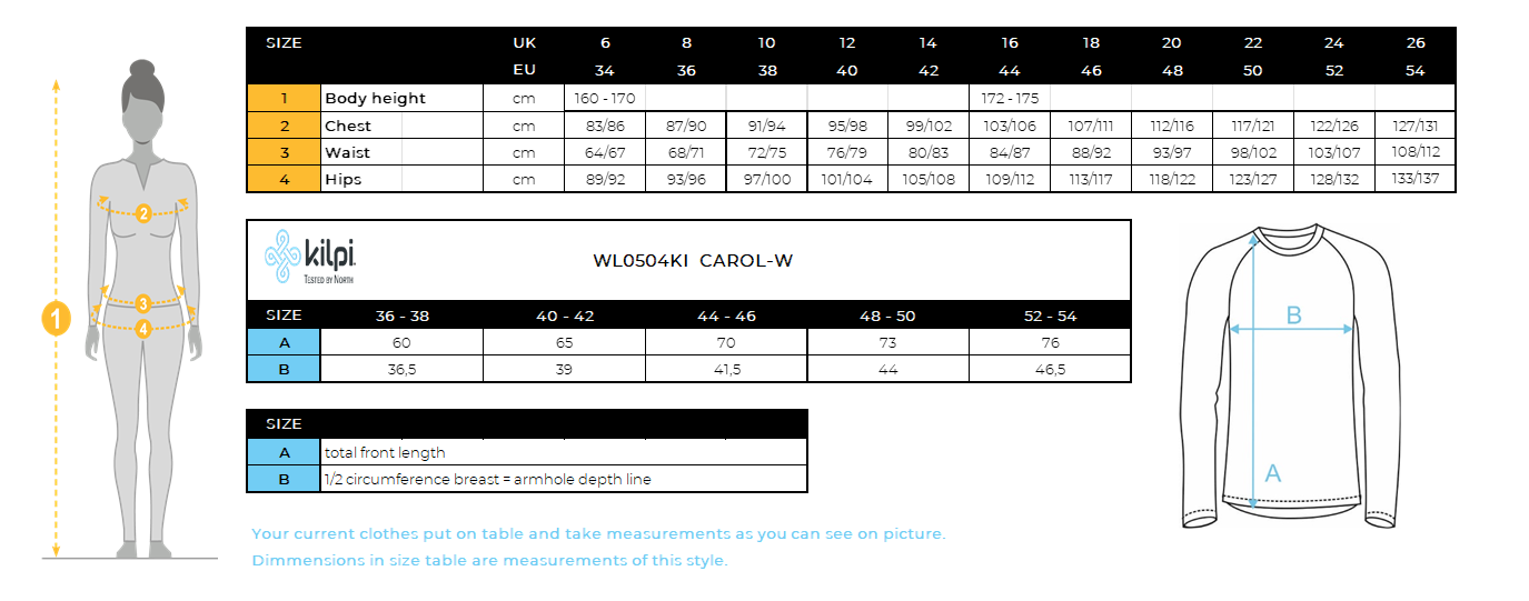 Women´s baselayer Kilpi CAROL-W – Size chart
