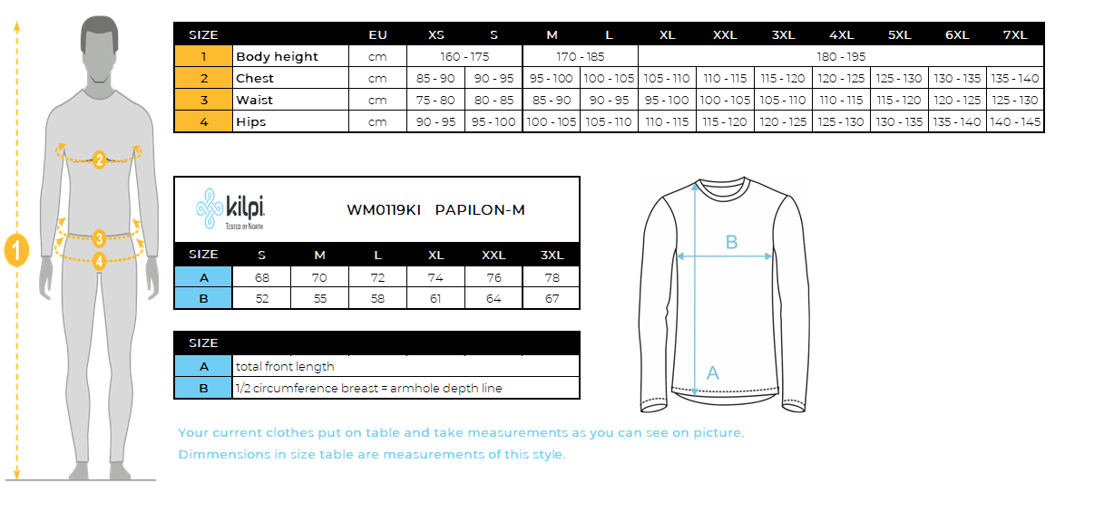 Men´s down jacket Kilpi PAPILON-M – Size chart
