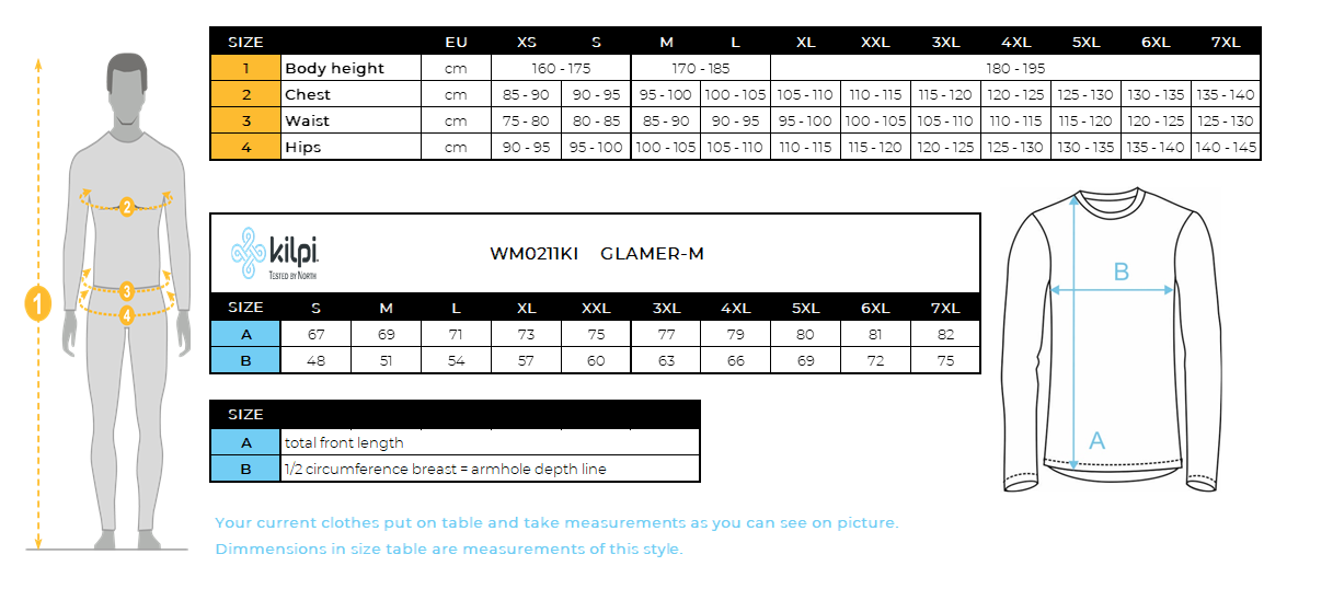 Men´s fleece middle layer Kilpi GLAMER-M – Size chart