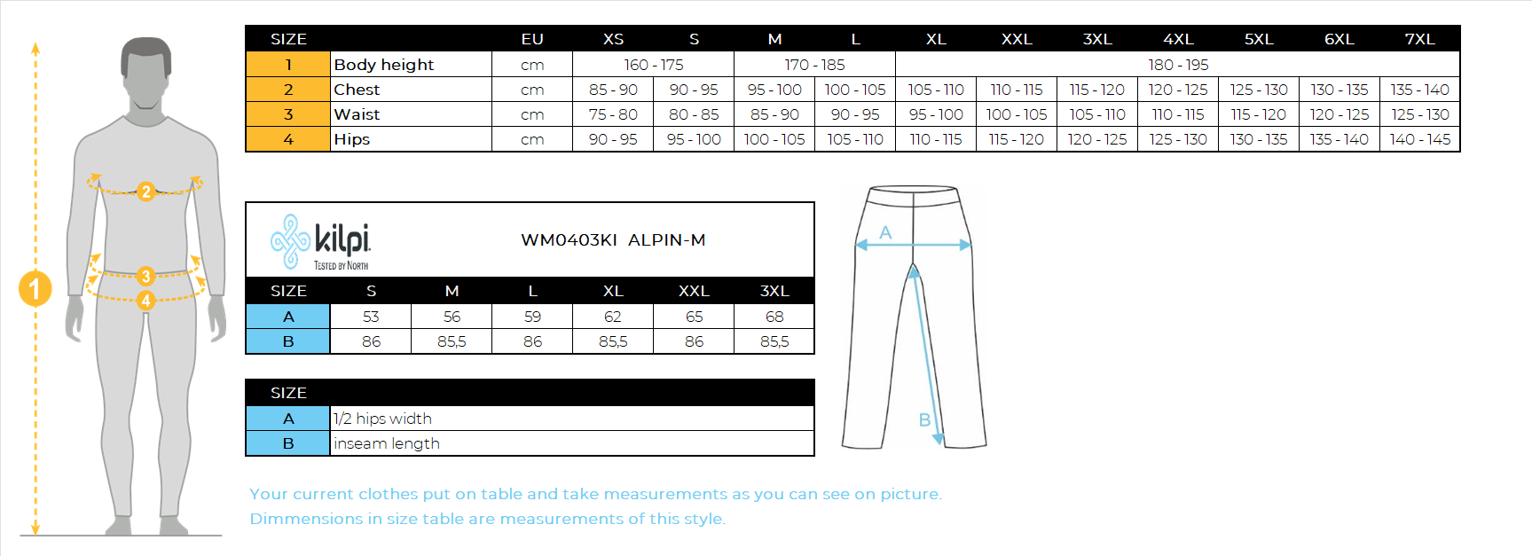 Men´s waterproof pants Kilpi ALPIN-M – Size chart