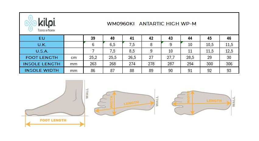 Kilpi ANTARTIC HIGH WP-M geïsoleerde waterdichte winterschoenen – Maattabel