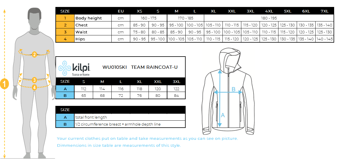 Ski regenjas Kilpi TEAM RAINCOAT-U – Maattabel