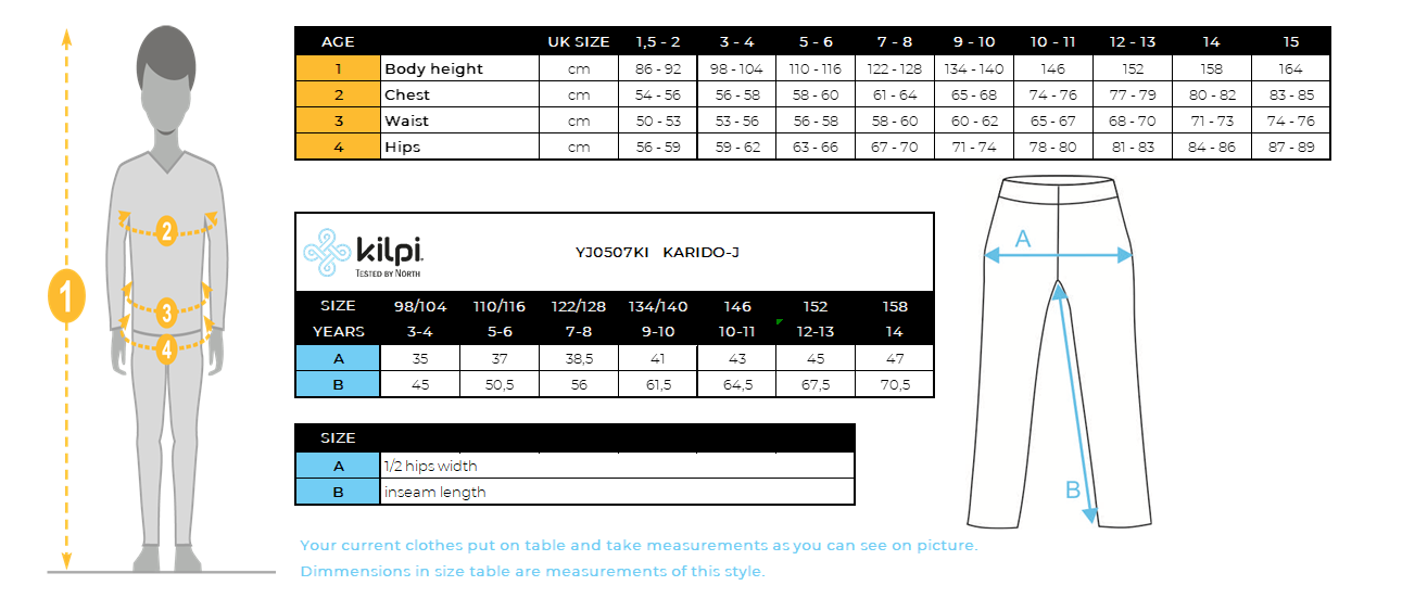 Children's outdoor trousers Kilpi KARIDO-J – Size chart